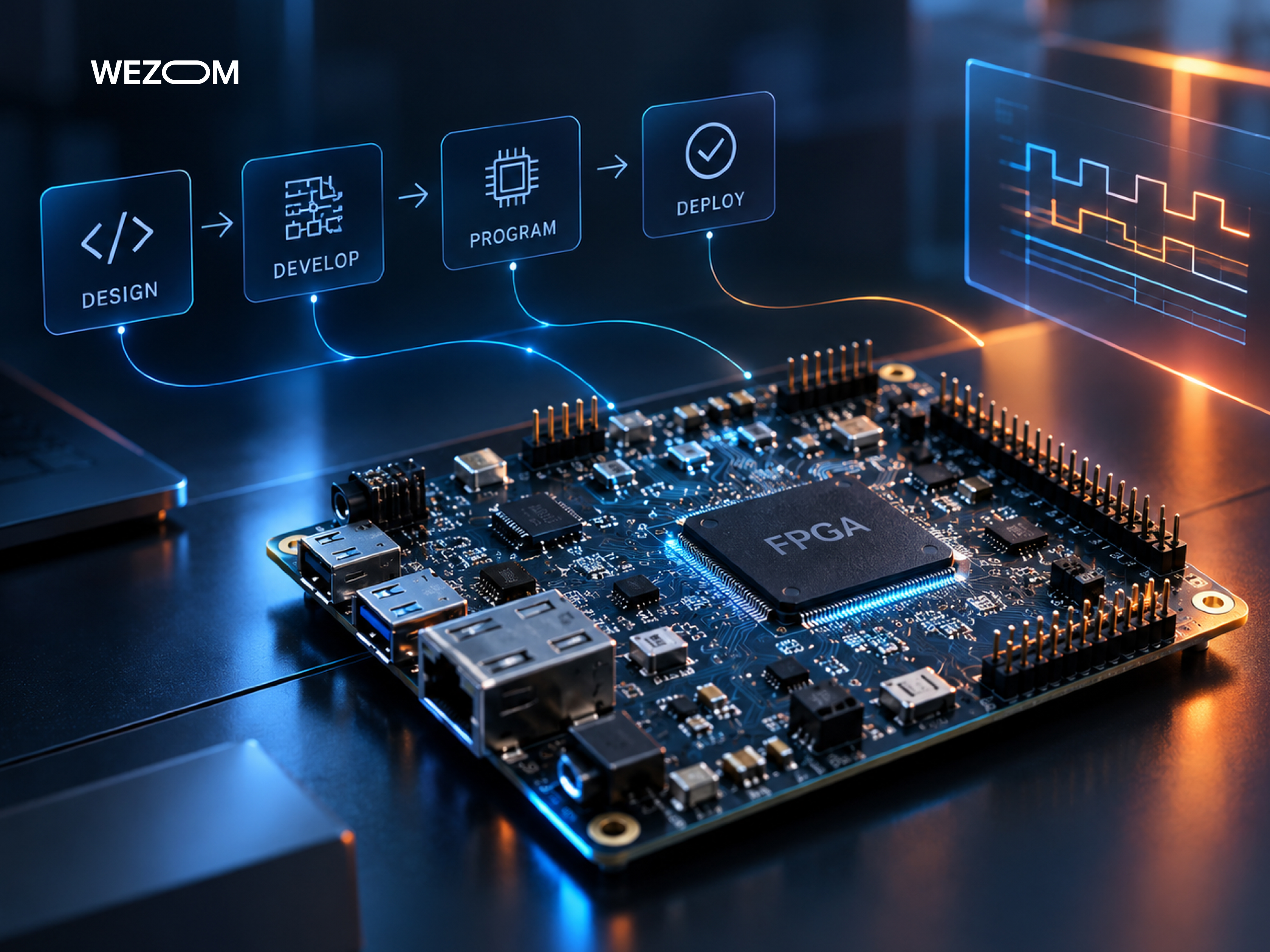 FPGA development workflow from design and programming to deployment on an FPGA development board